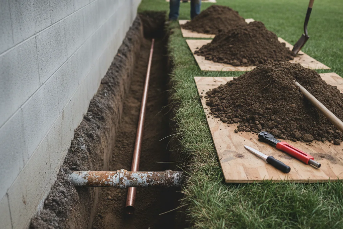 Excavated water line trench during Water Softener Installation in Gambier